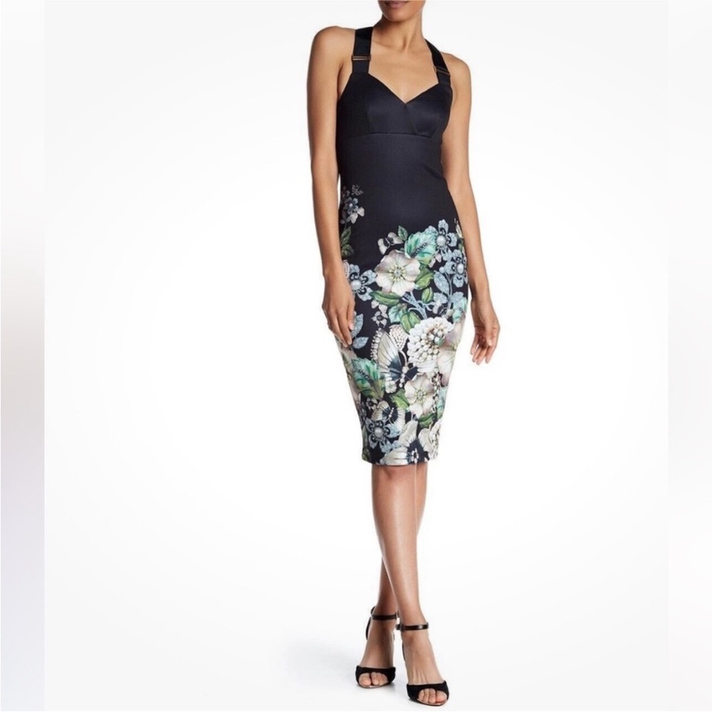 Ted Baker London Black and Green Floral Pencil Dress